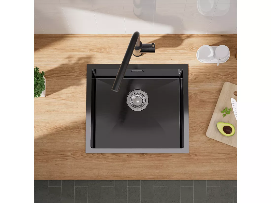 CECIPA MAX Évier 1 Bac 50*44cm Évier de Cuisine en Inox Noir Anthracite + Mitigeur de Cuisine Avec Douchette Extractible, 2 Modes de Sortie D'eau,Noir