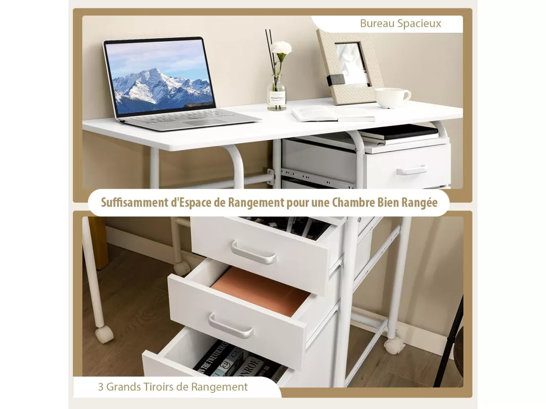 Bureau Pliable avec 3 Tiroirs, Table d'Écriture Roues Verrouillables, Bureau à Domicile Roulant avec Cadre en Métal, Bureau Compact pour Dortoir, Appartement Blanc