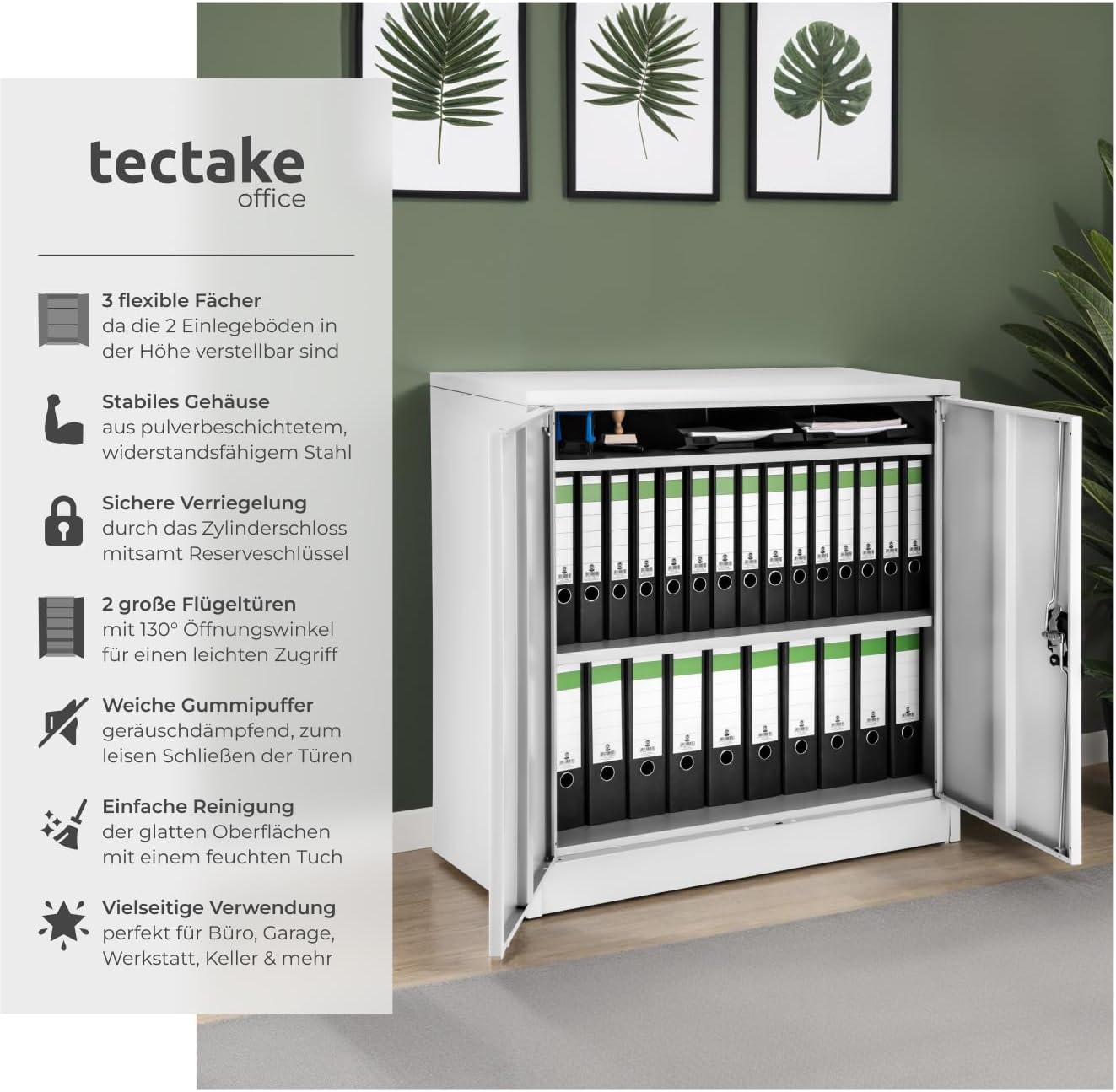 tectake® Aktenschrank abschließbar, Metallschrank mit Sicherheits-Zylinderschloss, Büroschrank abschließbar, Mehrzweckschrank aus Stahl, 3 höhenverstellbare Einlegeböden, 90 x 40 x 90 cm - grau