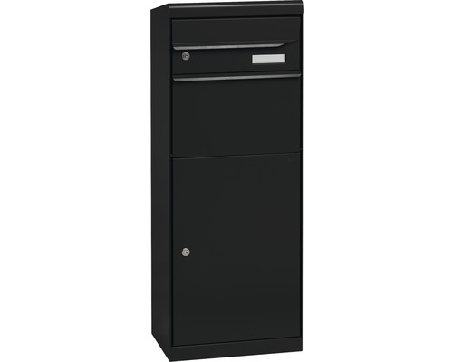 MEFA pakketbrievenbus, gepoedercoat staal, BxHxD 402/1091/310 mm, Esdoorn 661 Zwartgrijs RAL 7021 semi-mat, frontuitname, 2 compartimenten met naamplaatje