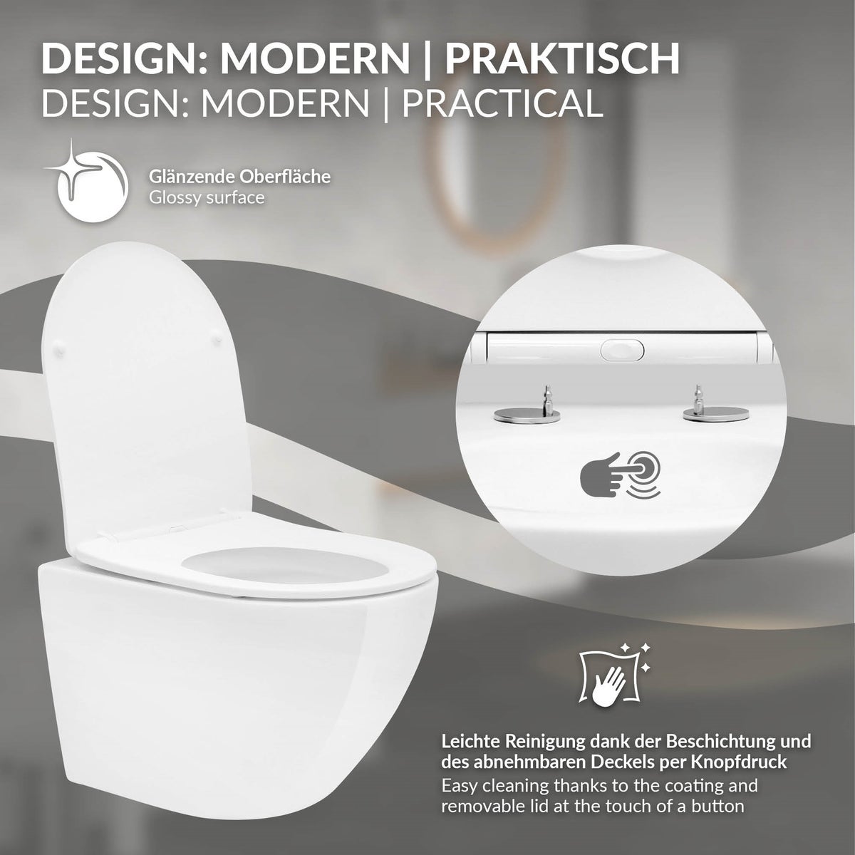 ECD Germany Randloos wandcloset, kort 49 cm, glanzend wit, keramisch toilet met antibacterieel oppervlak, verwijderbare Duroplast toiletbril met softclose-mechanisme, diepspoel wandcloset