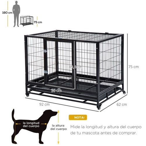 Gaiola para cães Pawhut em metal preto com rodas.