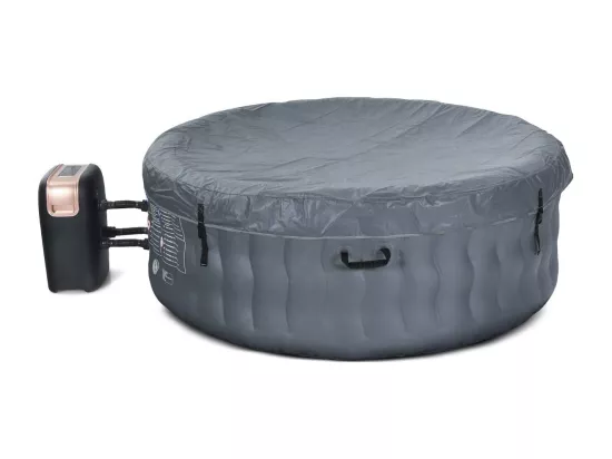 Spa Gonflable, 2 à 4 Personnes, 180 x 68 CM, Spa Rond Portable avec 108 Jets de Massage, Filtration à Cartouche et Bâche de Protection pour Le Spa, Gris (avec Appui-tête et Porte-gobelet)