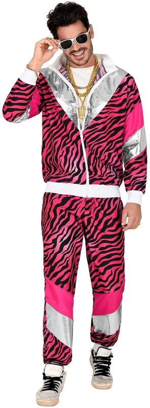 Widmann - Jaren 80 Trainingspak - Roze Tijgerlook - Zilveren Strepen