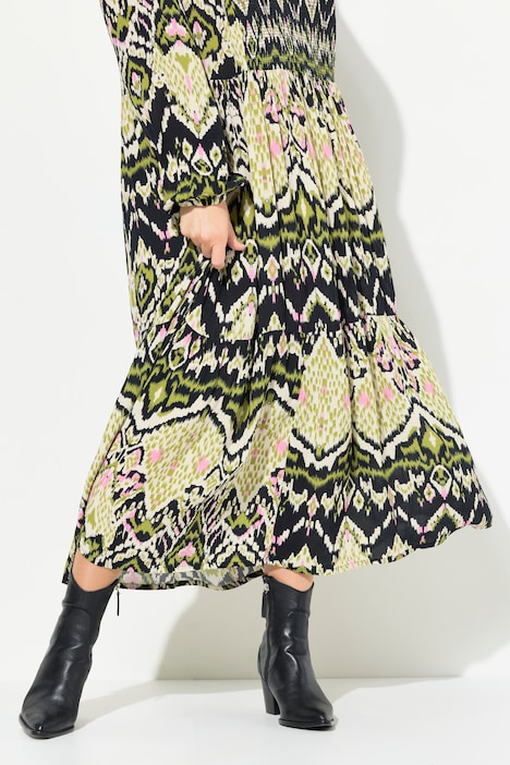 Midikleid, gesmokt, A-Linie, Rundhals, Langarm
