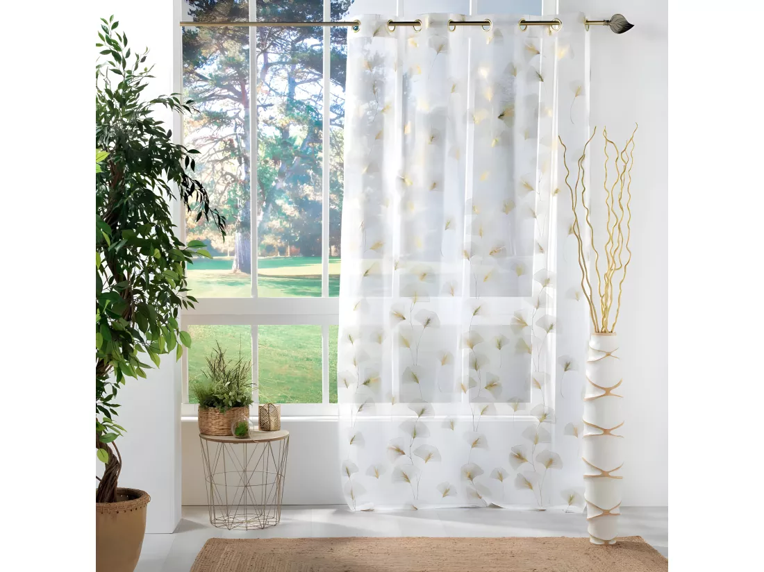 Voilage à oeillets avec imprimé métallisé - 140 x 240 cm - Ginkgold - Blanc et doré