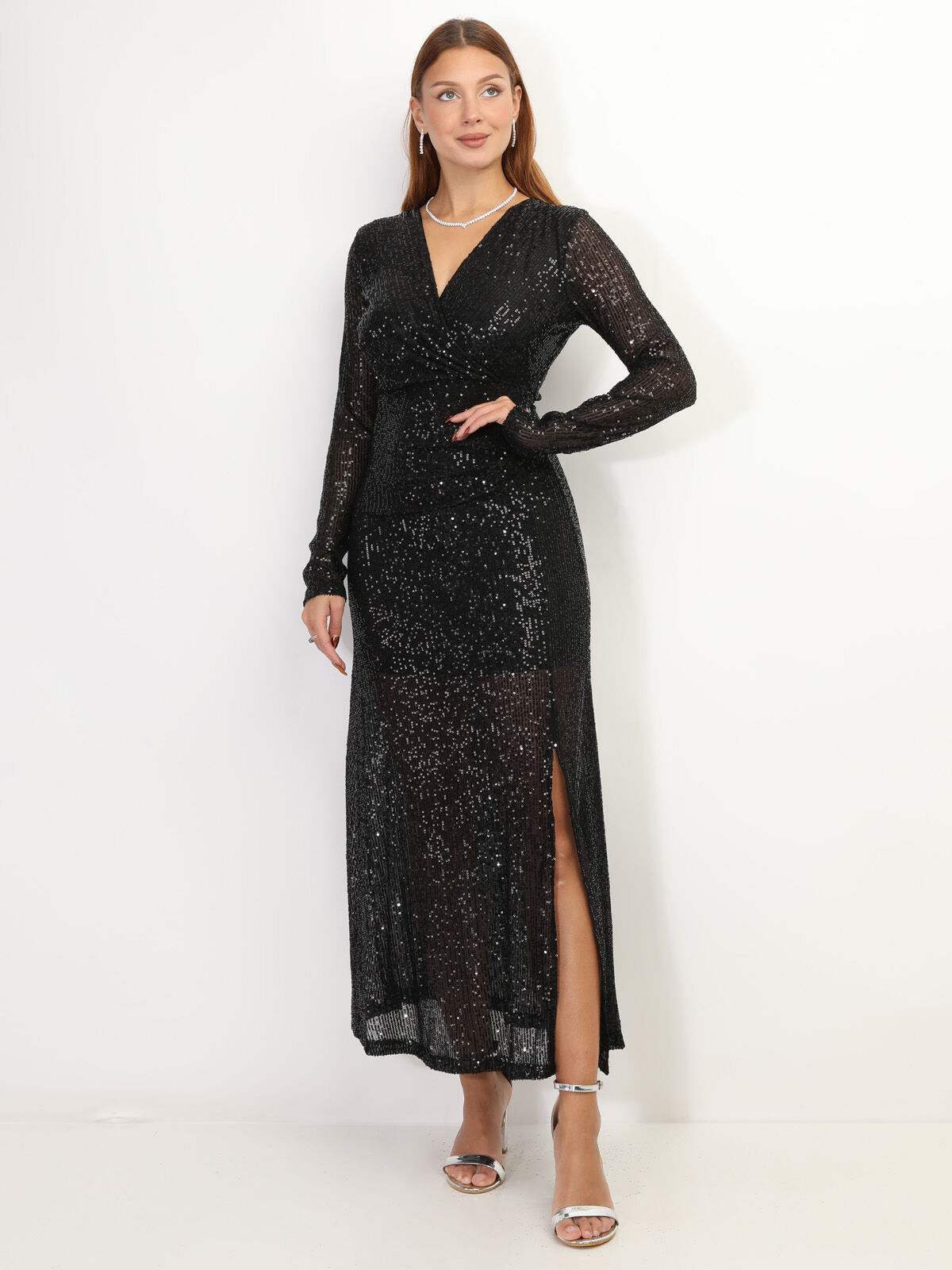 Robe longue fendue à sequins- Noir
