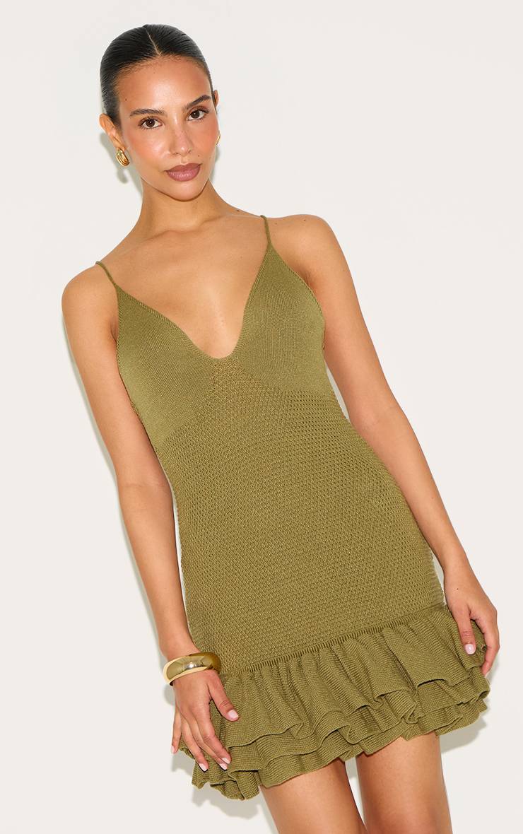 Vert Olive Robe Mini À Bretelles En Maille Avec Ourlet À Volants Petite