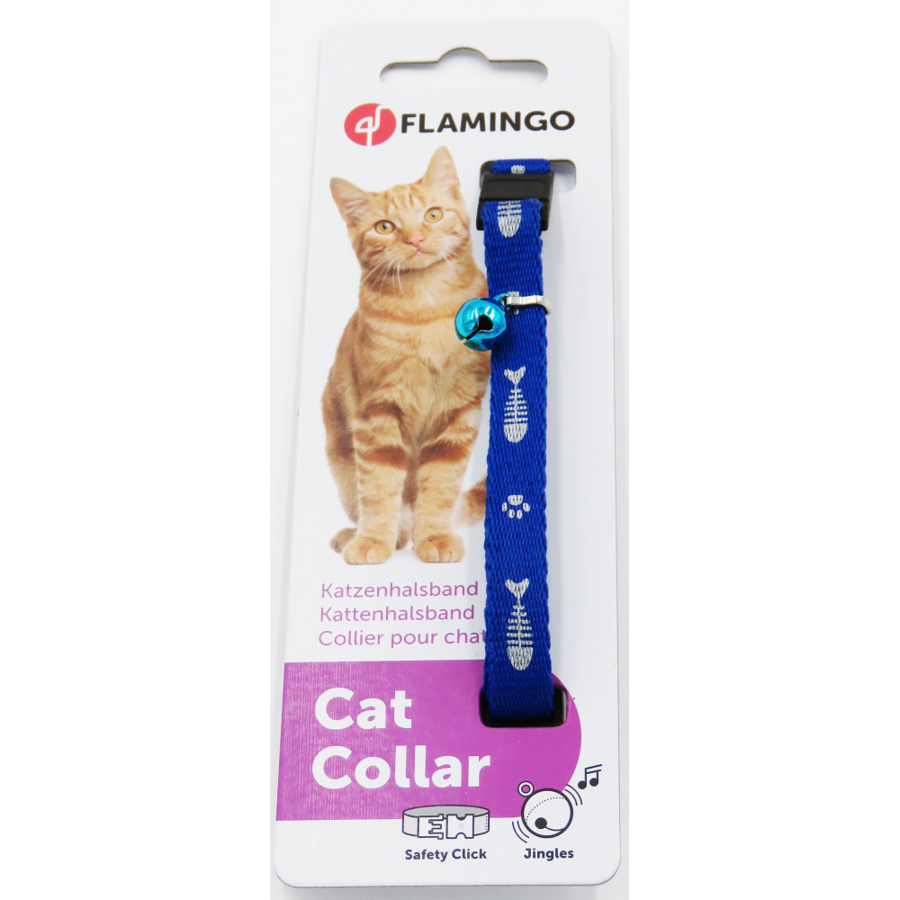 Collier réglable de 20 à 35 cm bleu motif poisson + clochette pour chat