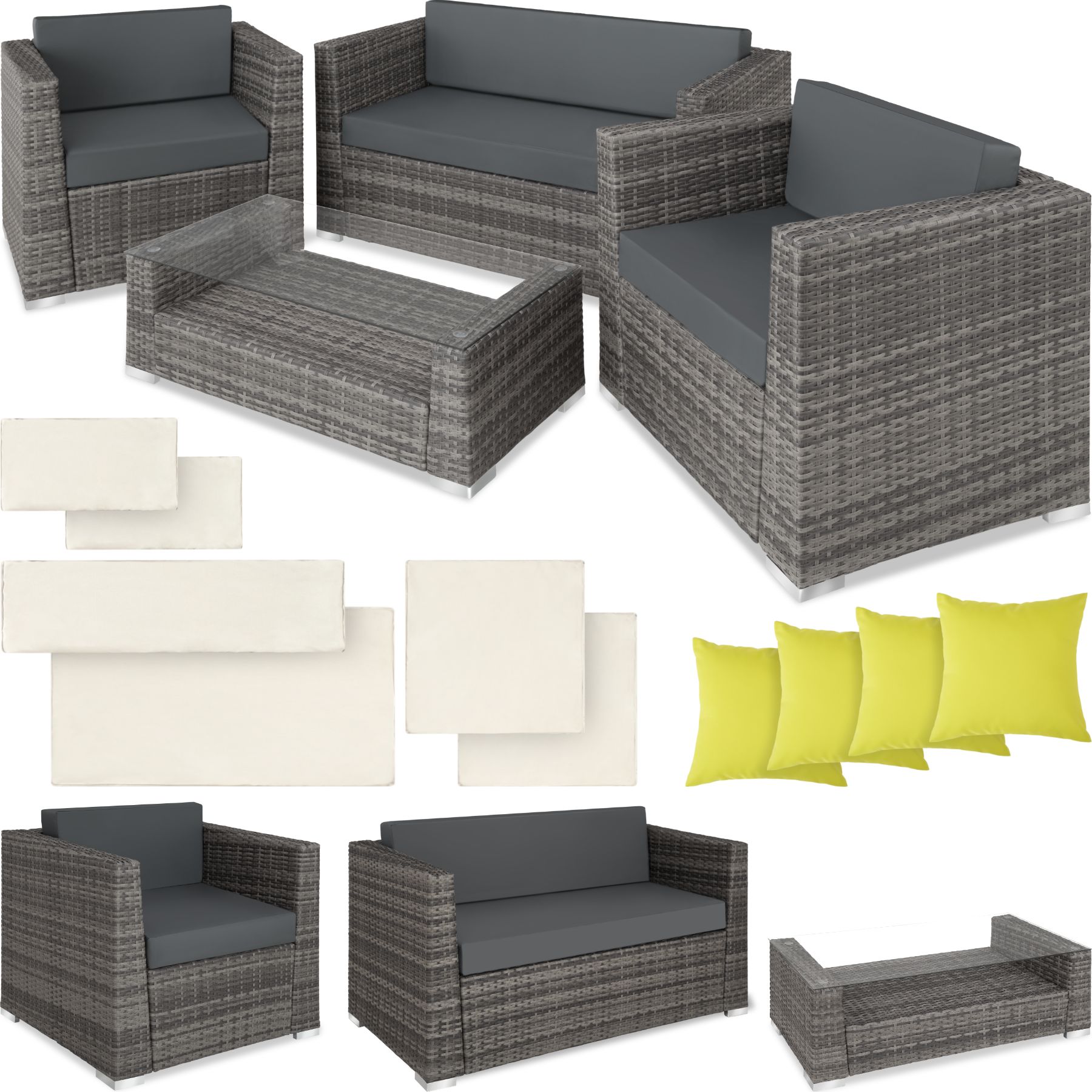 tectake® Rattan Lounge, mit Aluminiumgestell, wetterfest und UV-beständig, mit Sicherheitsglasplatte