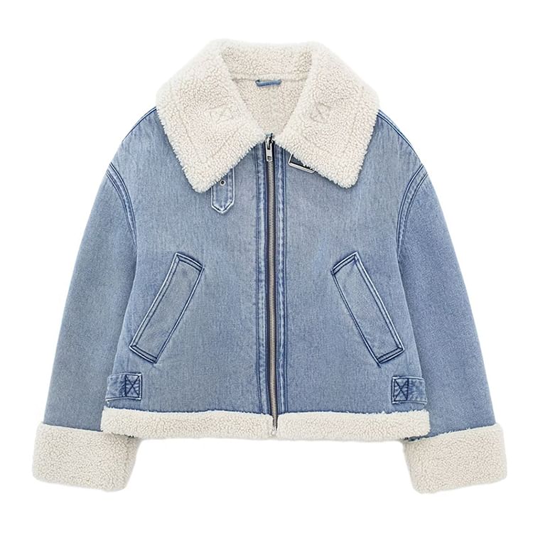 SugaYuja - Gewassen fleece denim jack met kraag en rits