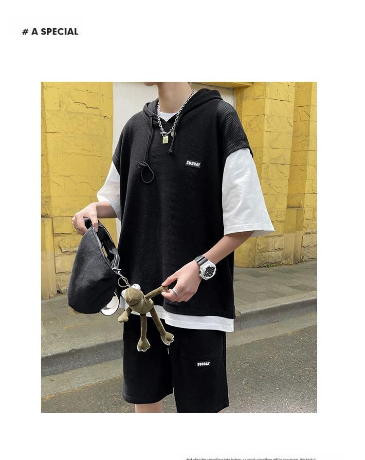 Diphon - Mock Two Piece Elbow Sleeve Hoodie + Plain Sweatshorts