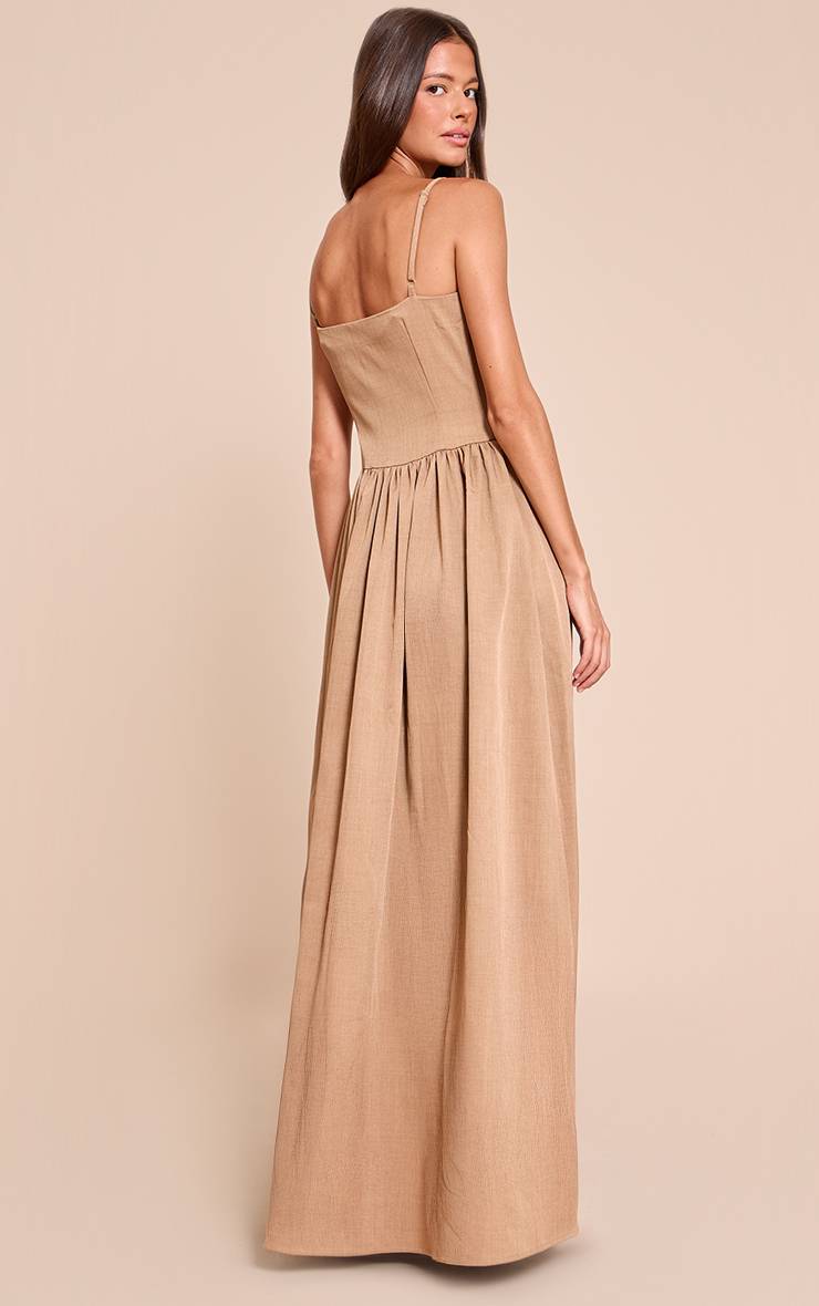 Taupe Robe Longue À Détail Bustier Avec Bretelles En Tissu Tissé