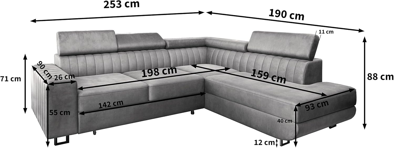 Masseno Ecksofa NOLA R-S mit Schlaffunktion L-Form, Sofa mit Bettkasten, Wohnzimmersofa, Couch, Soffa, Bettsofa, Couchgarnitur- Blau, Monolith 77