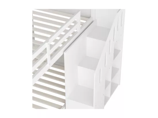 Lit superposé pour enfant - 2x90x200 cm - avec casier d'escalier et garde-corps - Blanc (sans matelas)