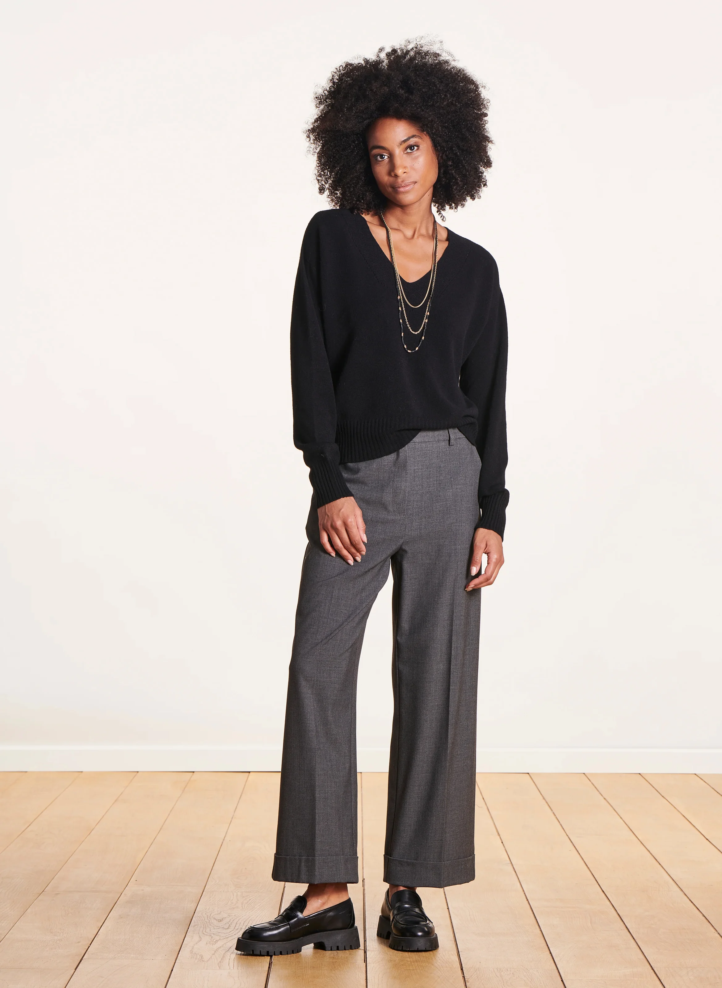 Pull ample col V en maille mélangée | Noir