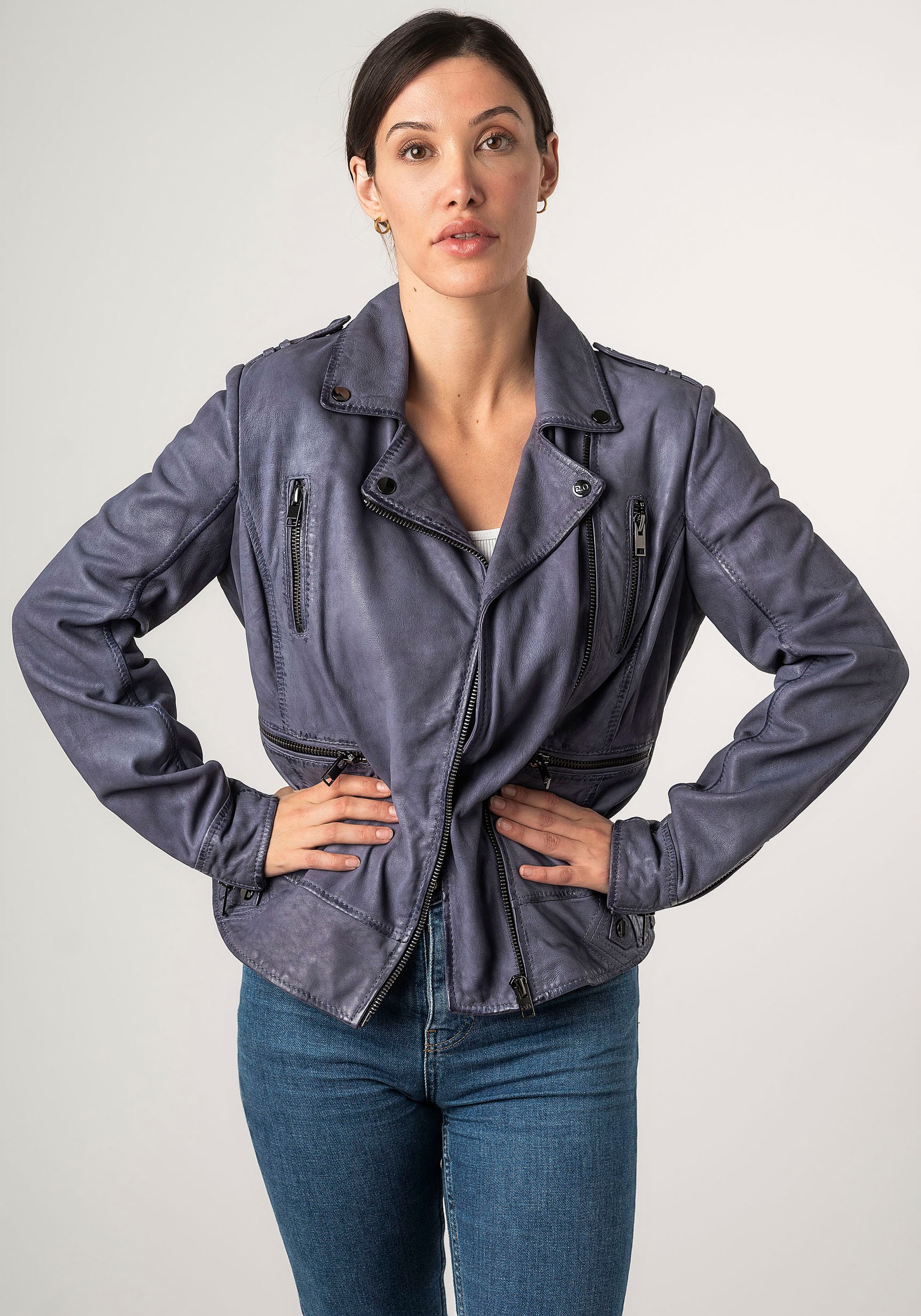 Mauritius Lederjacke »2Wtashi« mit Schulterklappen, mit Nieten, mit Zipper-Taschen