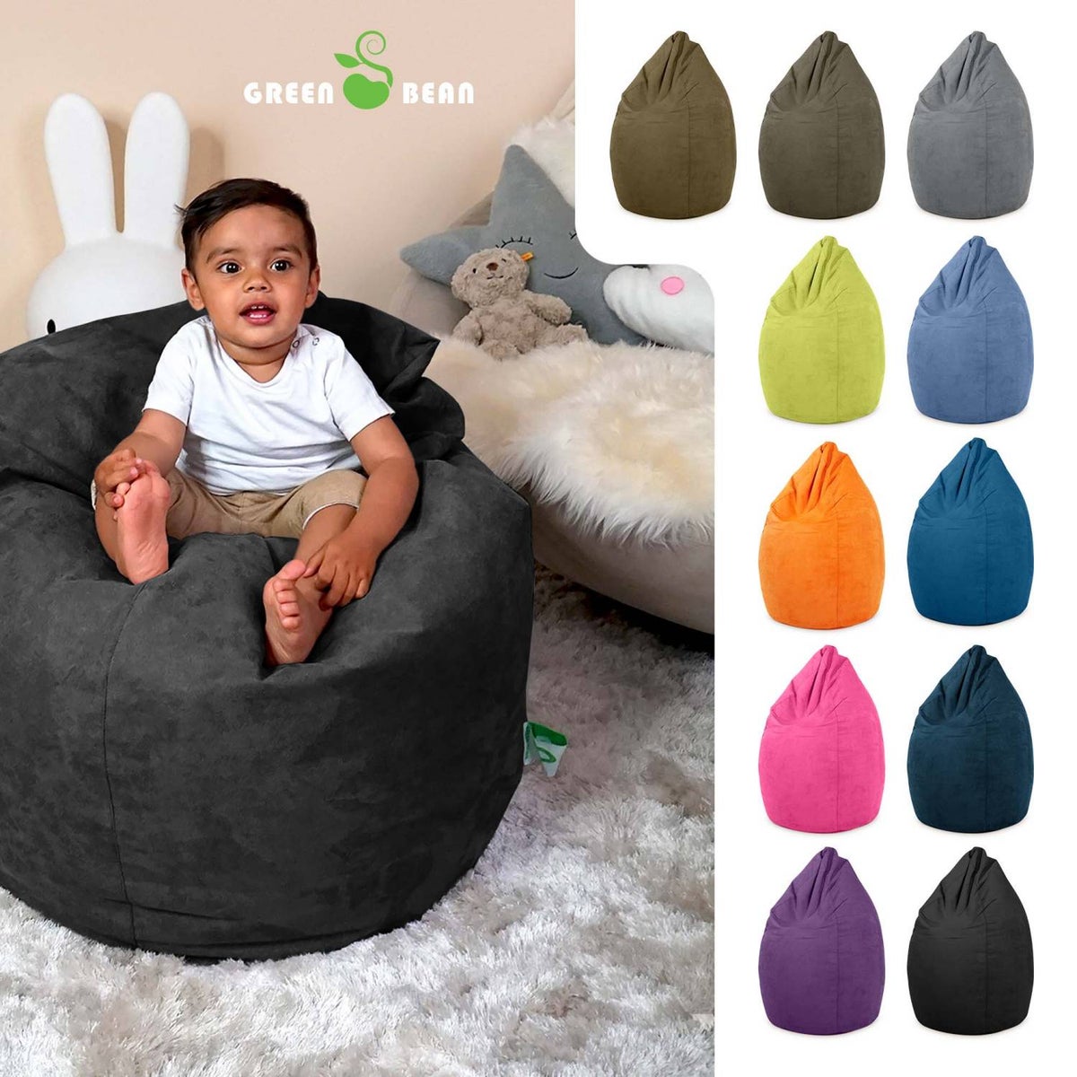 Green Bean zitzak met rugleuning 60x60x90cm - Binnenzitkussen 220L vulling, comfortabel, wasbaar - Zitzak vloerkussen, loungestoel, voetenbank - zwart