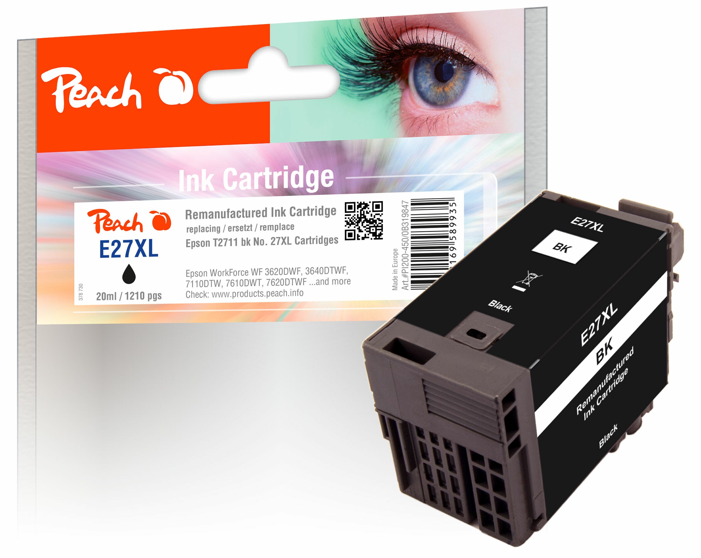Peach E27Druckerpatrone XL bk ersetzt Epson T2711, No. 27XL bk, C13T27114010 für z.B. Epson WorkForce WF -3600, Epson WorkForce WF -3620 DWF (wiederaufbereitet)