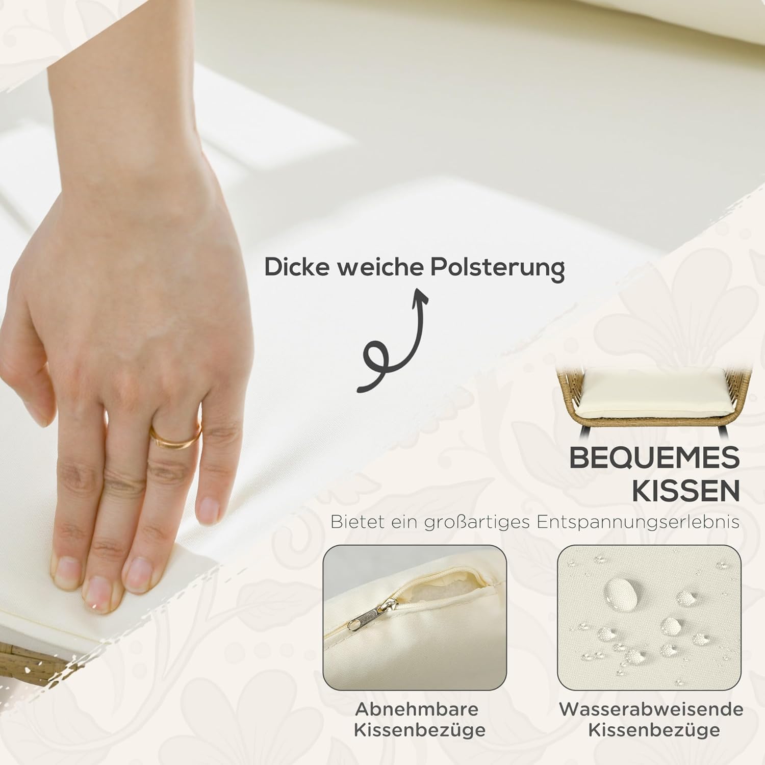 Outsunny 5 TLG. Rattan Gartenmöbel-Set, Sitzgruppe mit Kissen, Gartengarnitur mit 2 Couchtischen, 2 Sesseln, 1 Doppelsofa, Sitzgarnitur für Garten, Terrasse, Stahl, Beige