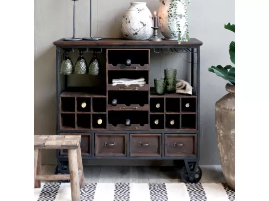Chariot de bar desserte en bois marron et fer bleu 94 x 37 x 91 cm