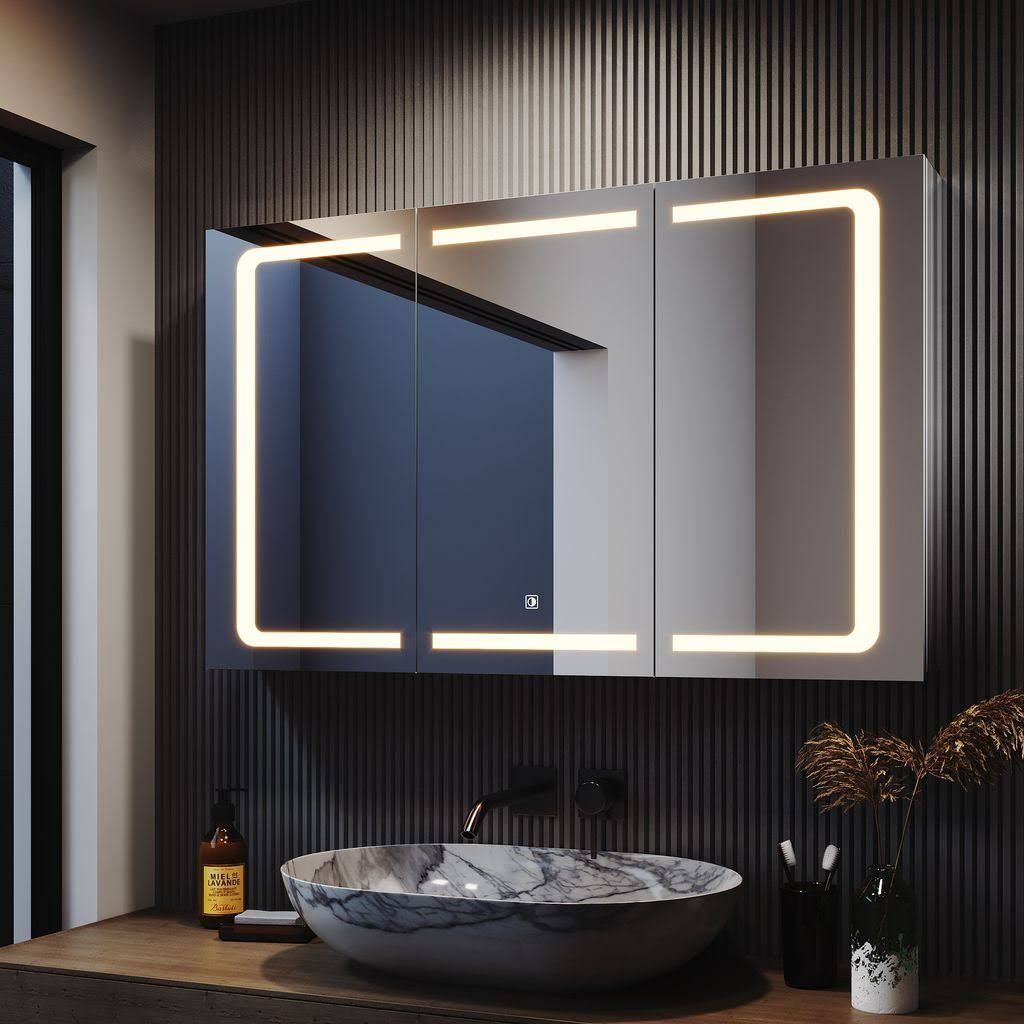 SONNI Spiegelschrank Bad LED mit 3-Farben-Beleuchtung 105x65cm Rasiersteckdose Touch 3-türig Edelstahl Kabelloses Scharnier Design