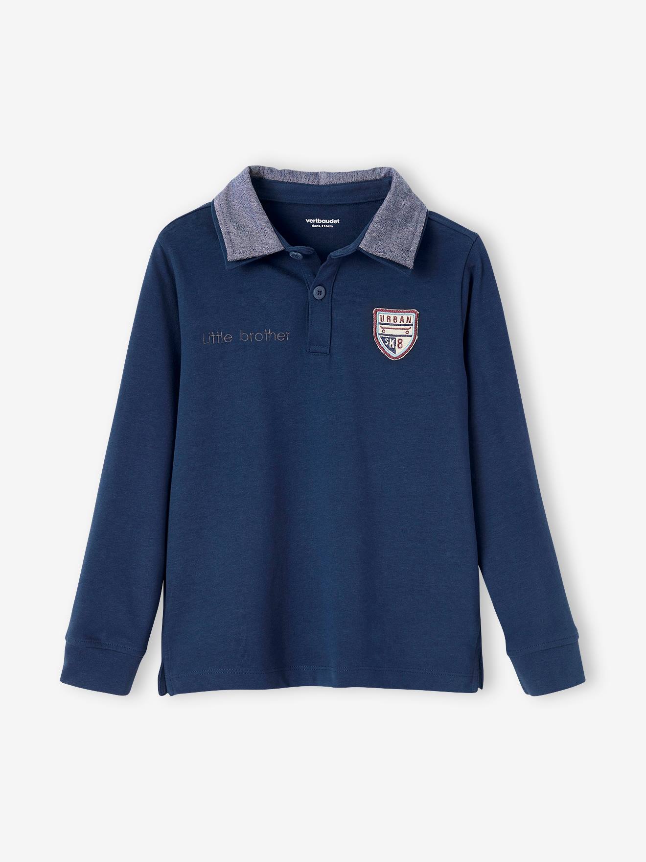Camisa polo com emblema e gola chambray, camisa lisa azul-marinho infantil com estampas.