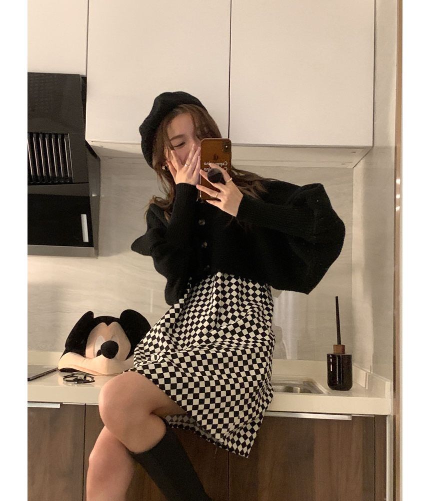 Monroll - Spaghettibandjes checkerboard mini-smokjurk / effen asymmetrische cropped cardigan