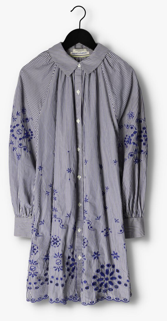 SCOTCH & SODA blauwe scotch & soda mini jurk striped shirt dress with embroidery in organic cotton