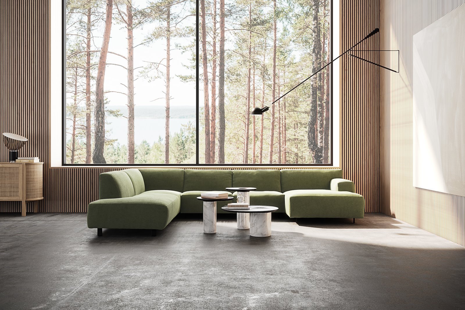 Vesta U-sofa Sjeselong høyre, 3-seter og åpen ende venstre. Big hjørnemodul, Tekstil Velvety green, sort metallben 10 cm, Comfort CM