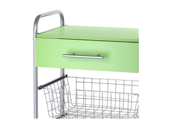 Chariot de cuisine, Desserte à roulettes, 1 tiroir et 3 paniers - Couleur Aluminium, Vert - 86*44*30 cm - ALESIA