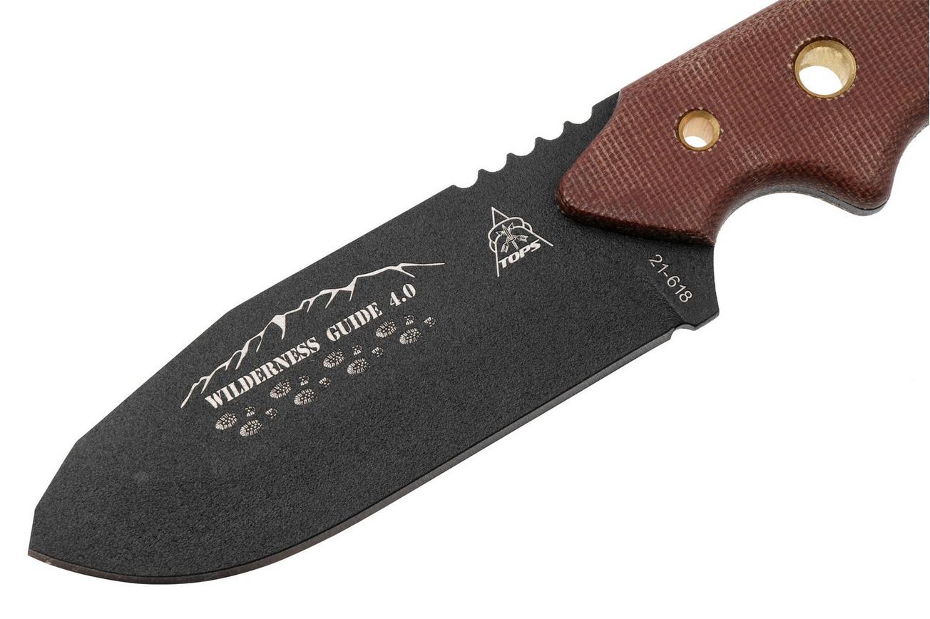 TOPS Knives Wilderness Guide 4.0, WSG-4, 1095 Black Traction Coating, Tan Canvas Micarta, survivalmes, Leo Espinoza design