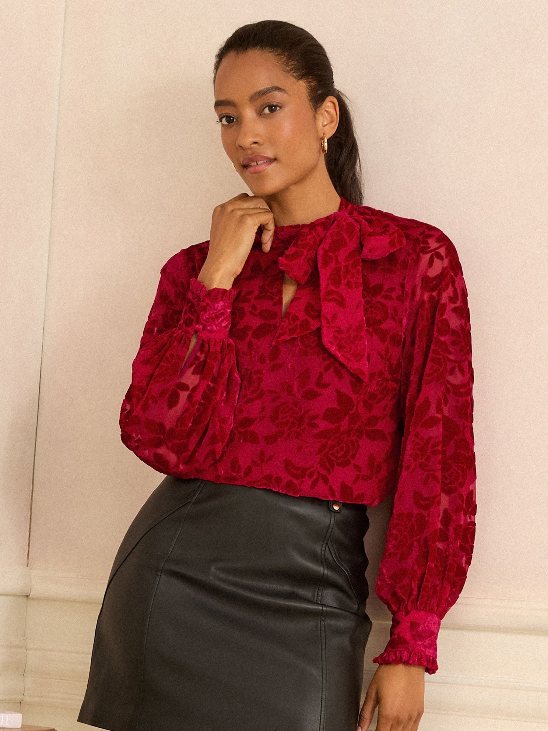 Red Velvet Burnout - Love & Roses Long Sleeve Pussybow Blouse
