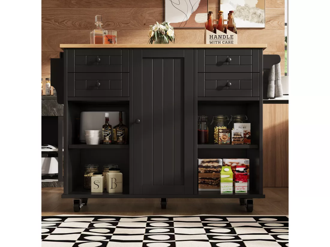 Ilot central de cuisine mobile avec 1 porte et 4 tiroirs - 111x46x91.5 cm - Bois MDF - Noir et naturel