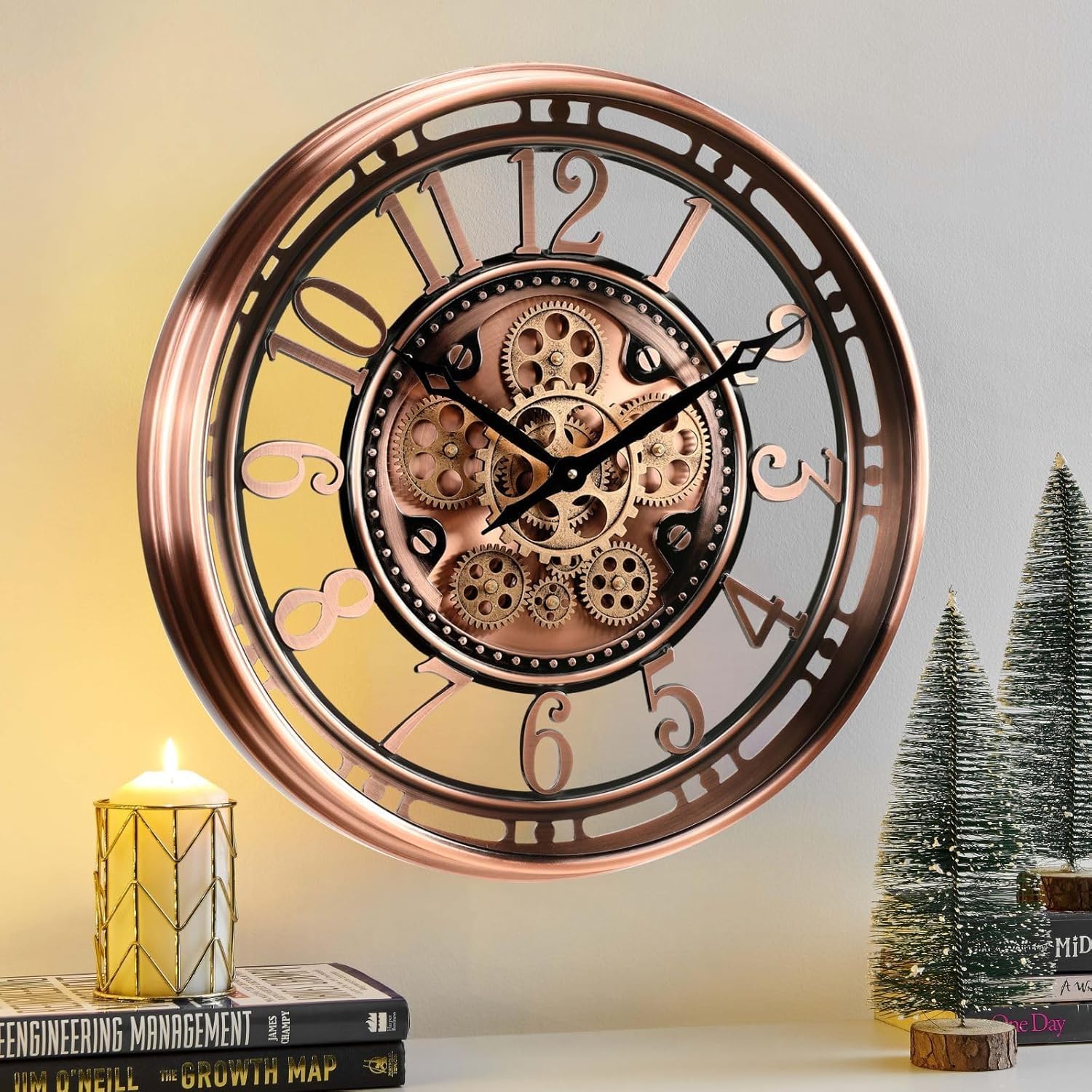 Wanduhr mit echtem Bewegungsgetriebe Zahnrädern, modern, 53,3 cm, industriell Steampunk, groß, Metall,Wanduhr für Wohnzimmer, Dekor, Büro ,Küche, antike Bronze, Kupfer römische oder arabische Ziffern