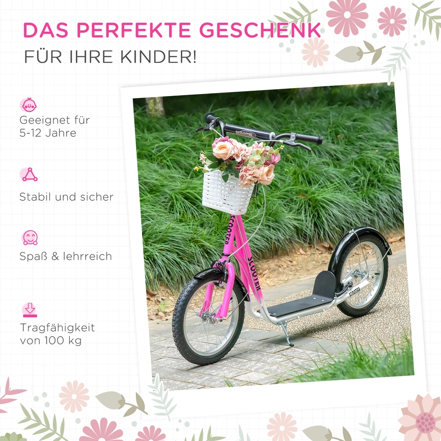 HOMCOM Kinderroller mit Vorderkorb rosa, weiß