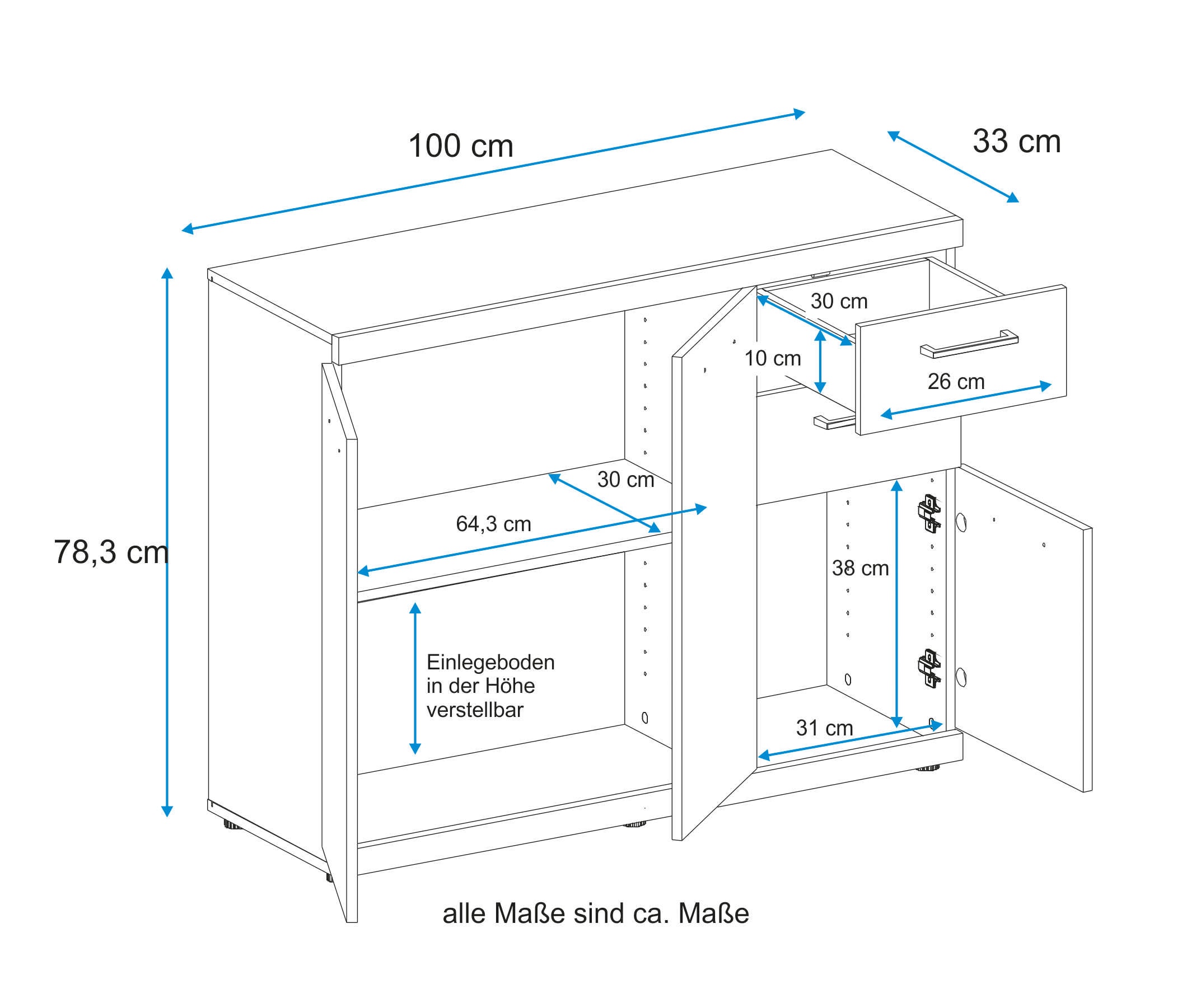 VOGL Möbelfabrik Sideboard »Sunny« mit 3 Türen und 2 Schubkästen