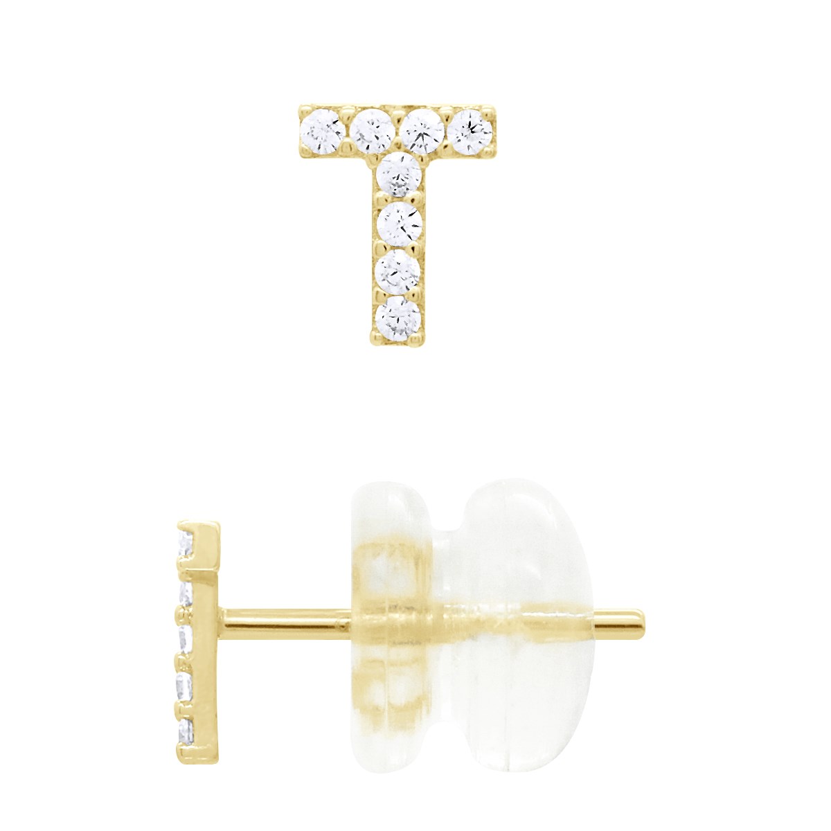 Boucles d'Oreilles Puces - Initiale Lettre T Serties d'Oxydes de Zirconiums - Or Jaune