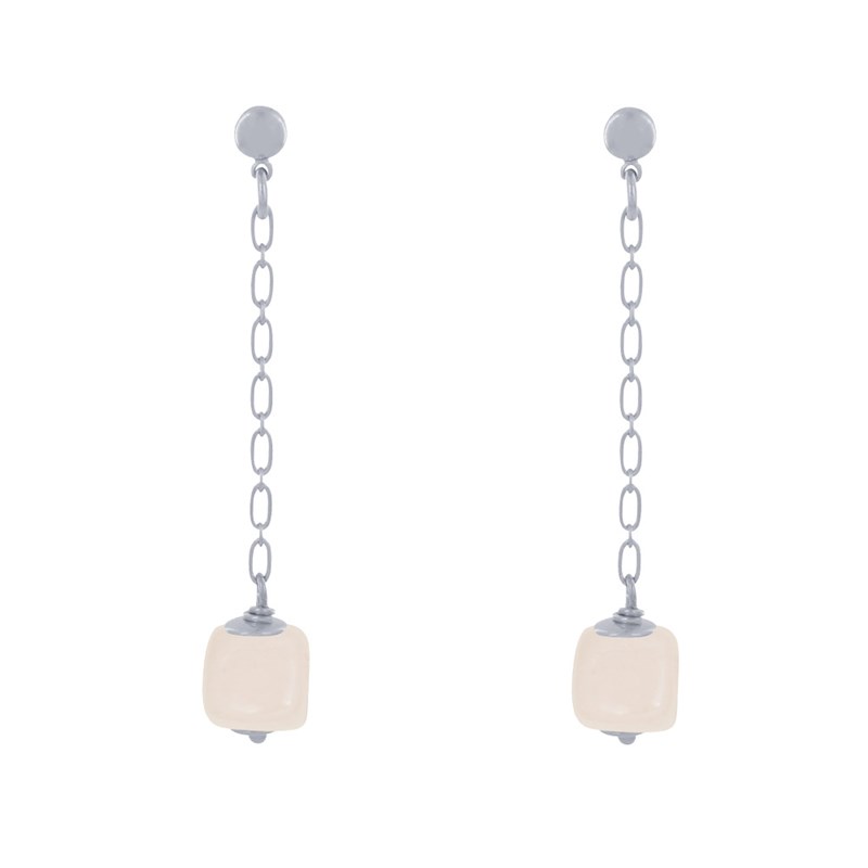 Boucles d'Oreilles Chainette Laiton Argenté et Cube en Céramique