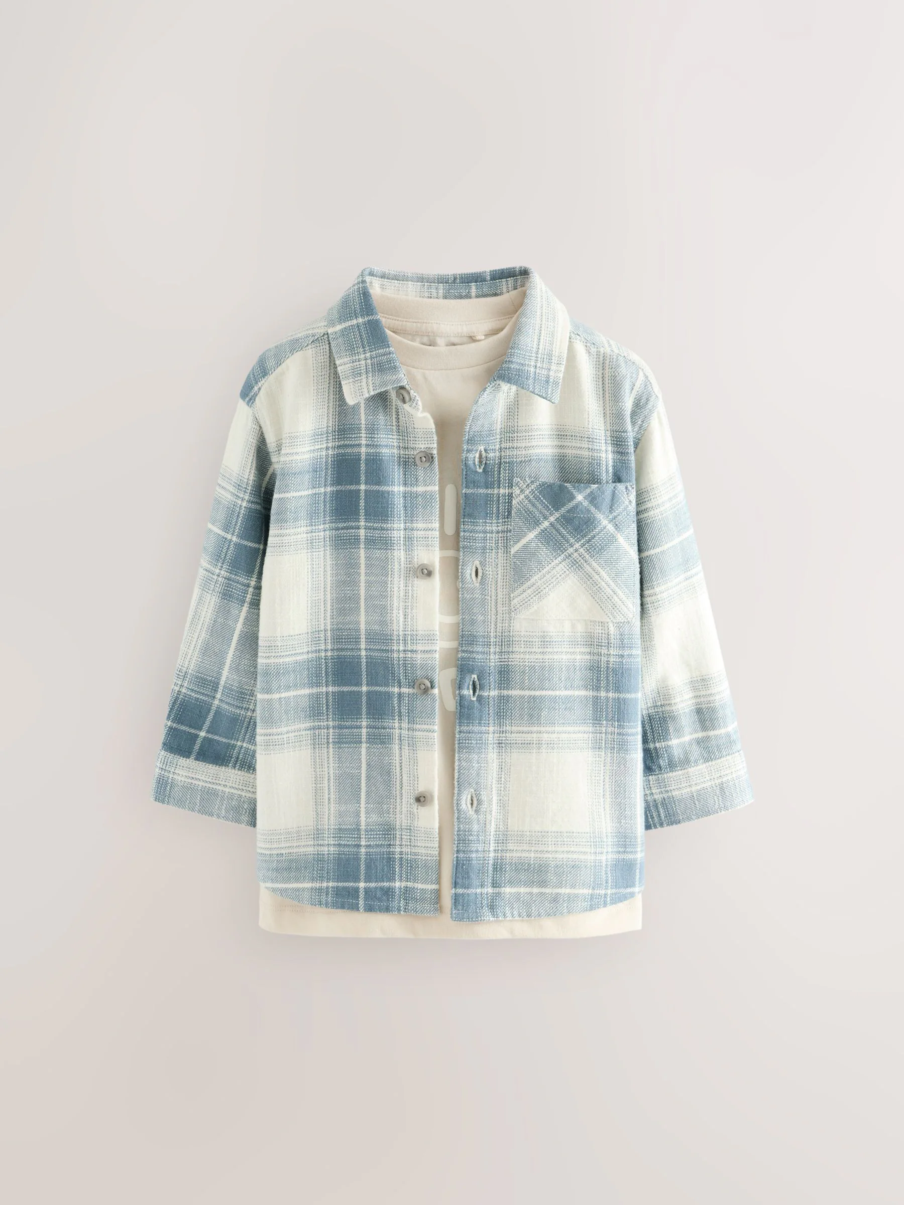 Blauw geruit - Set van T-shirt en shirt met lange mouwen (3mnd-7jr)