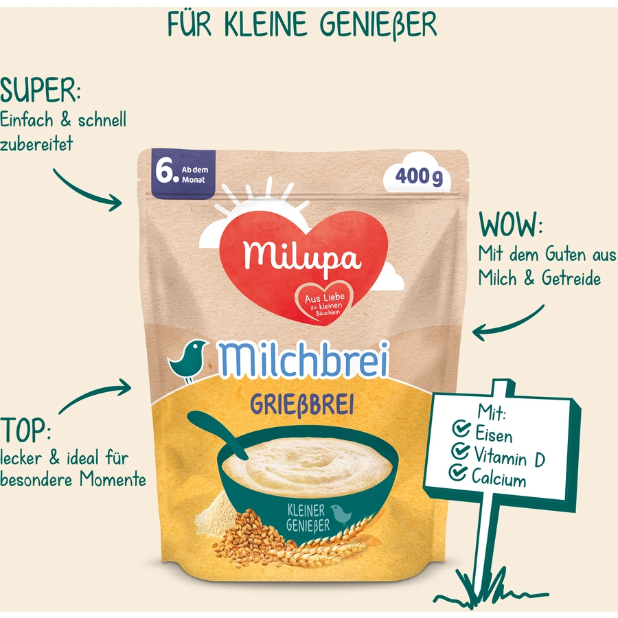 Milupa Milchbrei Grießbrei  miluvit >>mit<< Kleine Genießer 400 g ab dem 6. Monat