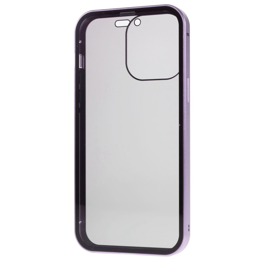 iPhone 14 Pro Magnetische Alu Schutzhülle mit Panzer Glas Backcover   Privacy Glas Displayschutz (Magnet-Technologie) - Violett