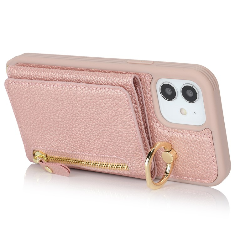 iPhone 12 / iPhone 12 Pro Necklace Leder Hülle mit Münzfach und Kartenfächer   Finger Griff Halterung   Handykette - Roségold