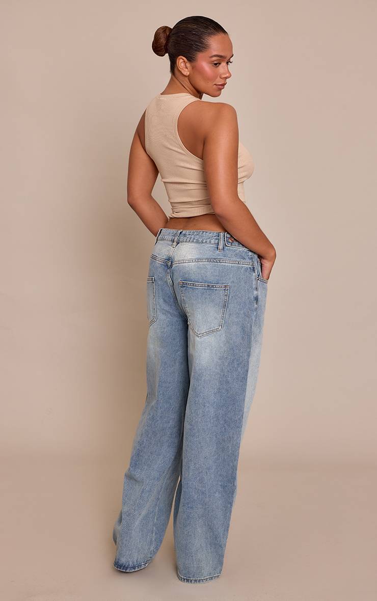 Mid Blue Wash Jean En Denim Shape Bleu Moyen Taille Échancrée Ajusteurs Latéraux Jambe Baril