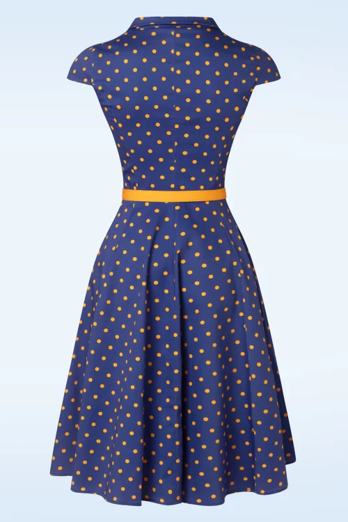 Topvintage Boutique Collection Topvintage exclusive ~ Angie Polkadot swing jurk in blauw en geel