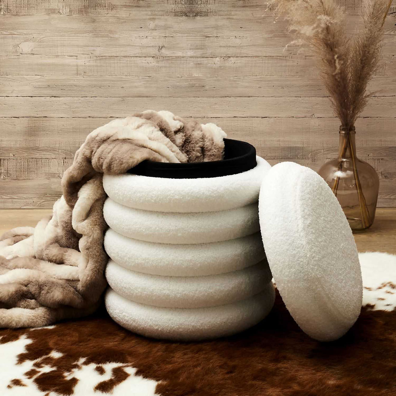 Home Deco Factory Pouf de rangement bouclette Freya blanc - 37x43.5x37 cm