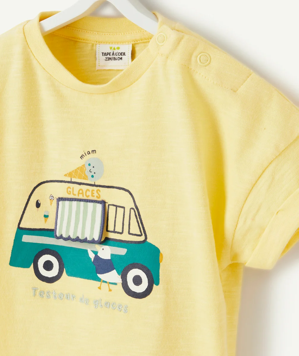 T-SHIRT BÉBÉ GARÇON JAUNE EN COTON BIOLOGIQUE AVEC VOITURE
