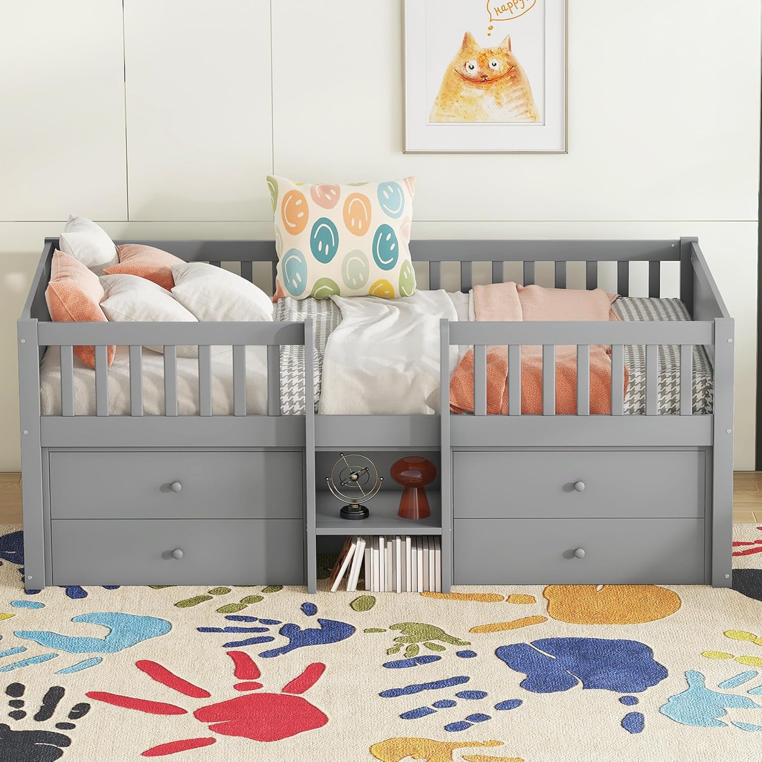 Merax Kinderbett 90x200 cm, Funktionsbett mit Stauraum, Holzbett mit Lattenrost & 4 Schubladen, Jugendbett mit Leiter und Rausfallschutz - Kiefer massivholz, ohne Matratze, Grau