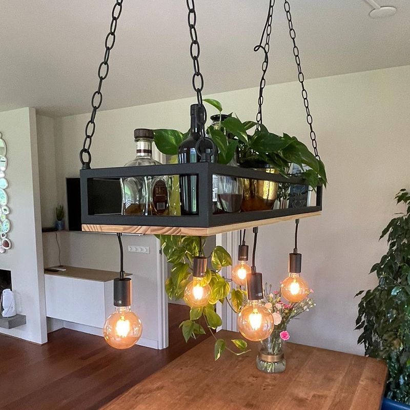 Industriële hanglamp zwart met hout 5-lichts - Shelf