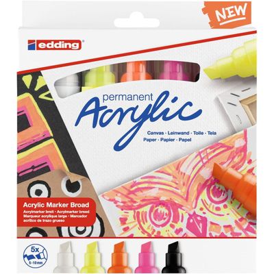 Edding 5000 - Pack de 5 Marqueurs acryliques - jaune fluo, orange fluo, rose néon, noir profond, blanc